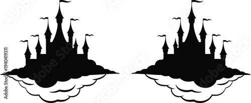 fantasy castle on clouds silhouette, fairy tale floating kingdom illustration, magical palace sky concept, dreamy storybook castle design