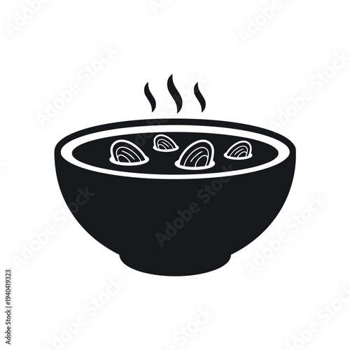 Hot Steaming Bowl of Seafood Soup Silhouette Vector - Clam Chowder Mussel Stew Culinary Icon