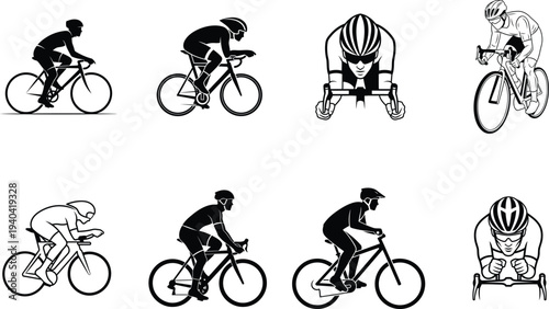 Cyclists in various riding positions and styles on bicycles