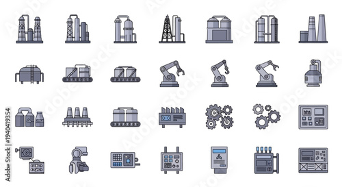 Isometric industrial icons depicting various machines and tools for production and manufacturing on a white background