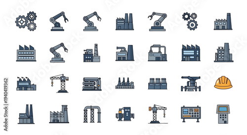 Isometric industrial icons set including machines, tools, and equipment for production and manufacturing on a white background
