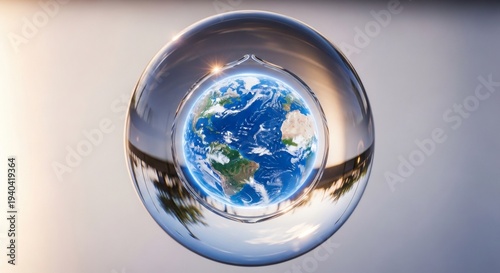 Planet Earth viewed inside a clear glass sphere on reflective surface - World Water Day 