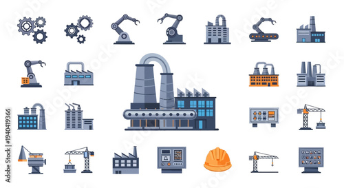 Isometric industrial icons set featuring various machines, tools, and equipment for production and manufacturing on a white background