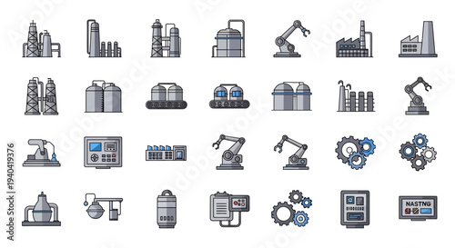 Flat lay of various industrial icons and symbols related to technology, manufacturing, and production on a clean white background
