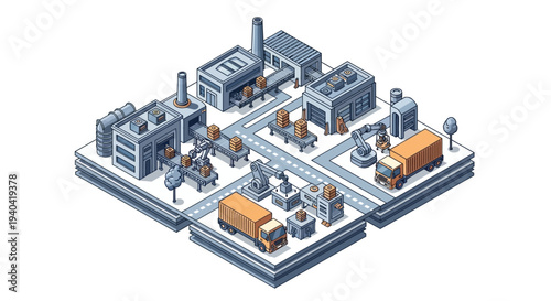 Isometric illustration of an industrial complex with various machines and workers in a production setting against a clean white background