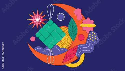 Crescent Moon With Ketupat Rice Dumpling Vector Illustration