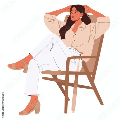 Woman relaxing in a chair with her hands behind her head, enjoying leisure time