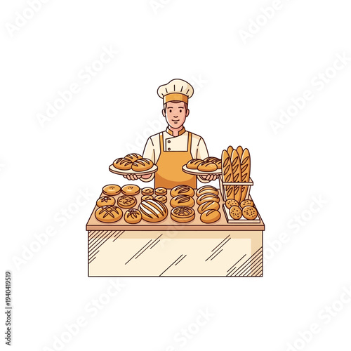 A male baker in a chef's hat and apron stands behind a counter displaying a variety of fresh baked goods, holding two trays of pastries.
