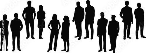 Silhouetted people standing in diverse professional and social poses representing teamwork, diversity, anonymity, and group interaction vector illustration design