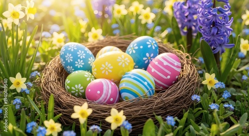 Brightly painted Easter eggs nestled in a bird nest among flowers