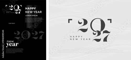 Elegant Happy New Year 2027 greeting card design concept. Features stylish typography for the year 2027 on both dark and light minimalist backgrounds.