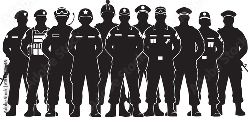 Group of diverse soldiers standing together vector silhouette illustration line art style