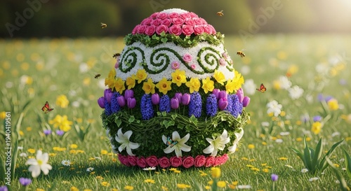 Large decorative Easter egg made of fresh flowers in a spring meadow