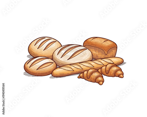 A delightful assortment of freshly baked bread loaves, baguettes, and croissants, perfect for breakfast or any meal.