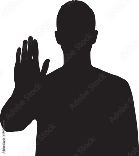 Silhouette illustration of a man raising hand for greeting or stopping vector