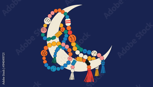 Crescent Moon With Prayer Beads Vector Illustration