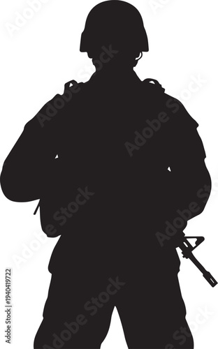 Soldier silhouette with rifle illustration, military personnel vector line art cutout