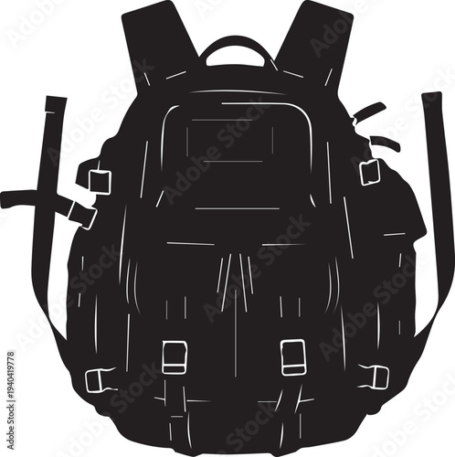 Tactical backpack silhouette illustration showing detailed military gear line art vector bag
