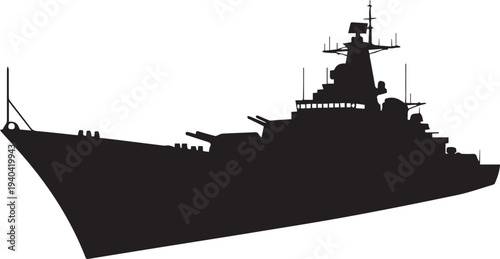 Warship silhouette vector illustration, powerful navy vessel line art design