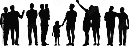 Silhouetted people in diverse social interactions showing family bonding, friendship, companionship, and everyday relationships through group dynamics illustration