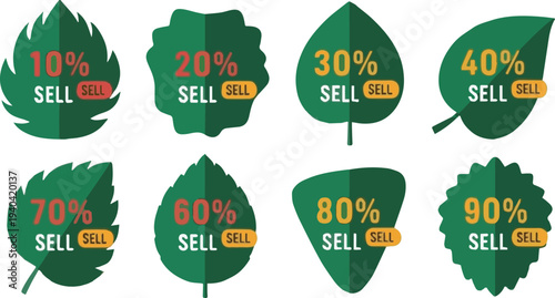 Set of eight green leaf-shaped sale tags with percentage discounts offer promotion
