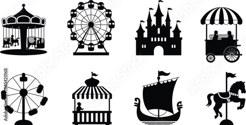 amusement park silhouette collection, carnival rides icons set, ferris wheel carousel castle ship horse, fun fair attractions illustration