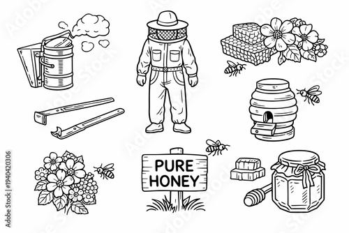 Line art beekeeping set featuring beekeeper suit, smoker, honeycomb frames, hive, jars, and pure honey sign. Farm and artisanal food concept for packaging, stickers, labels, and branding.