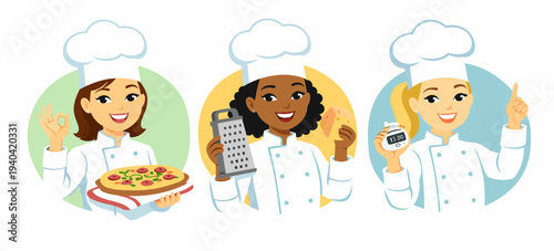 Three female chef characters in circular badges: serving pizza, grating cheese for cooking, and holding a kitchen timer with pointing gesture. Flat vector for cooking lessons.