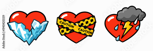 Three heart icons showing frozen ice love, caution tape warning, and storm cloud with lightning and tears. Concepts of cold feelings, toxic relationship and emotional turmoil for graphics.