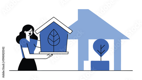 Female character holding eco green house abstract concept vector illustrations