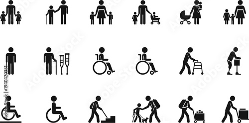 Disability and Family Care Icons Set Showing Wheelchair Users Elderly Support and Parent with Children Isolated on White Background, flat vector illustration