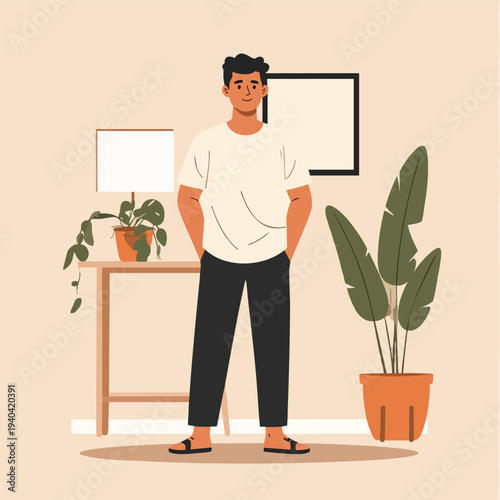 Man standing relaxed in a room with plants and a picture frame on the wall.