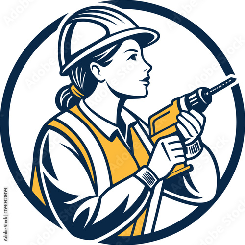 Vector illustration of woman construction worker with drill