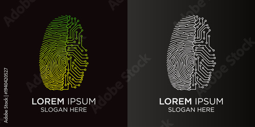 Innovative digital fingerprint emblem blending advanced circuit board technology with biometric security concepts for modern identity authentication and data protection solutions