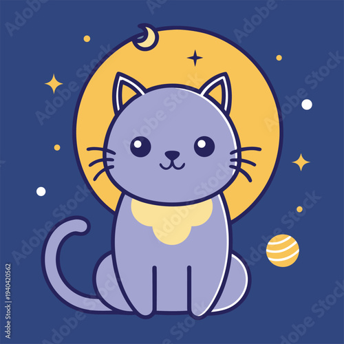 Vector illustration of a purple cat in space with moon and stars