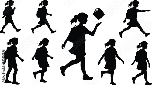 school girl silhouette collection, student walking running with backpack, education concept children set, kid going school illustration isolated