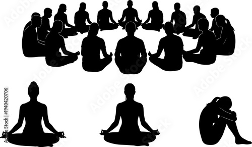 Group Meditation Silhouettes in Circle Yoga Pose Isolated on White Background for Mindfulness, Wellness and Spiritual Practice Concept Healthy Lifestyle, flat vector illustration