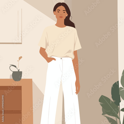 Illustration of a woman standing in a serene indoor setting with a plant nearby and a calm atmosphere from a frontal viewpoint