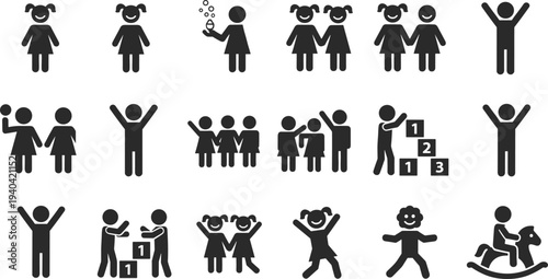 Kids and Family Icons Set Showing Friendship Celebration Awards and Childhood Activities Isolated on White Background for Social Concept, flat vector illustration