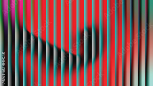 Vibrant Vertical Stripes with Distorted Human Figure in Red and Blue Anaglyph Overlay Background -Background