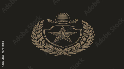 A vintage monochrome emblem composed of a cowboy hat, star, shield, and laurel wreath