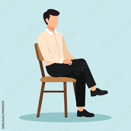 A man sitting relaxed on a wooden chair with one leg crossed over the other