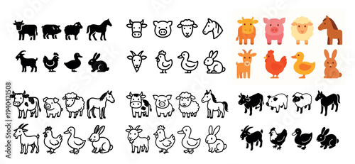 Farm icons with cow pig chicken flat cartoon