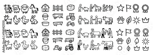 Farm icons with cow horse chicken outline