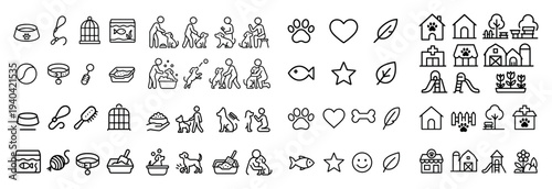 Pet care icons with paw dog cat outline