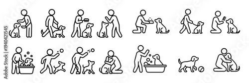 Pet care icons with person dog outline