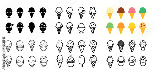 Ice cream icons with cone scoop popsicle outline