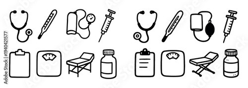 Medical icons with stethoscope syringe bottle outline