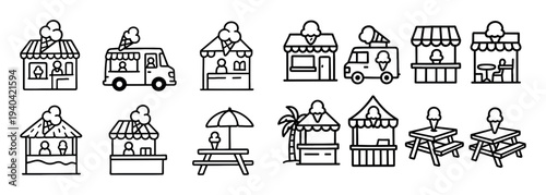 Beach market icons with food truck umbrella minimal