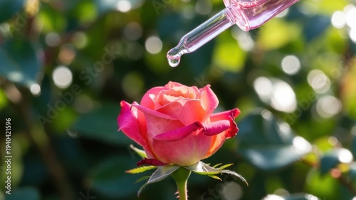 Close-up of pink rose with water droplet from dropper in sunlit garden.